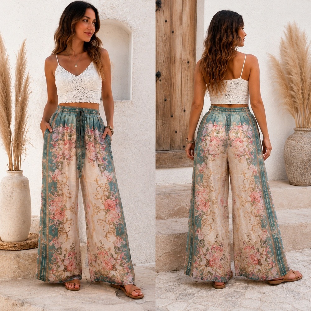 Womens Floral Baroque Wide Leg Palazzo Pants Teal Pink Romantic Boho Drawstring - Picture 1 of 9